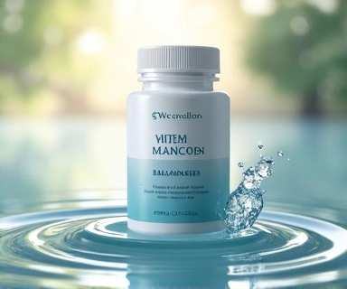 A bottle of 'VitaCalm Balance' supplement with tranquil, flowing water elements.